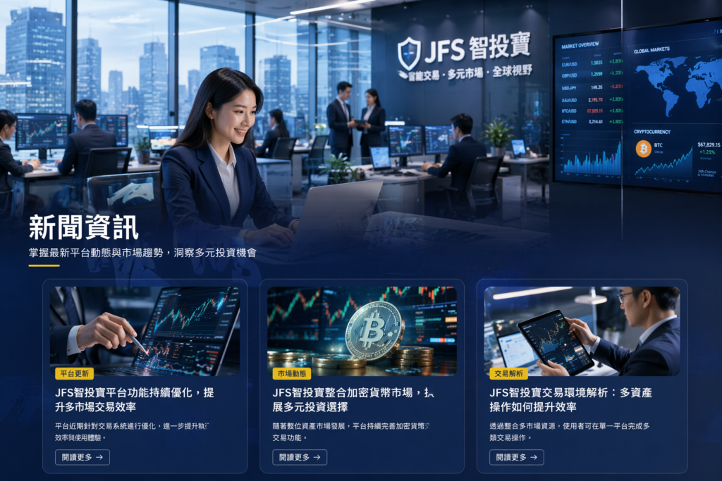 JFS智投寶新聞資訊頁面展示，包含多市場交易分析、加密貨幣動態與平台功能更新內容