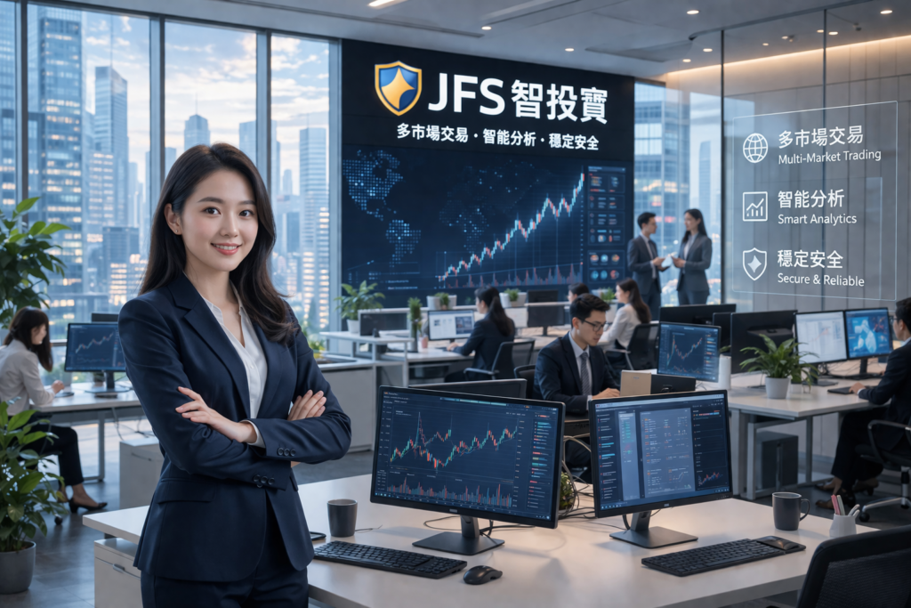 JFS智投寶新聞資訊頁面與多市場交易分析場景展示，包含智能分析工具與企業辦公環境